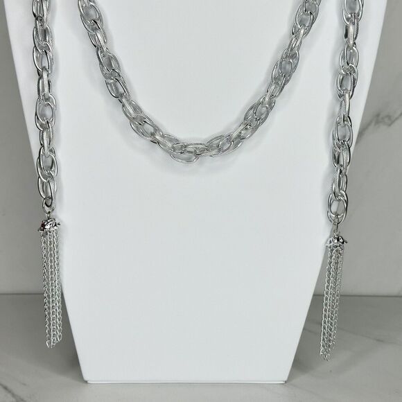 Silver Tone Tassel Chain Link Open Wrap Necklace - Picture 3 of 12